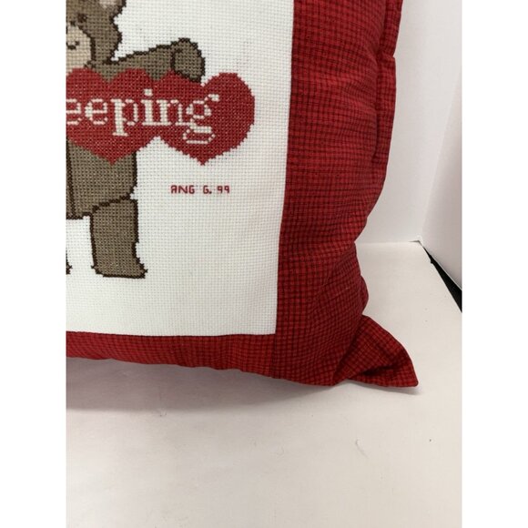 Vintage Cross Stitch Red Throw Pillow Teddy Bear “I’m Sleeping” Nursery 16” - Picture 6 of 8
